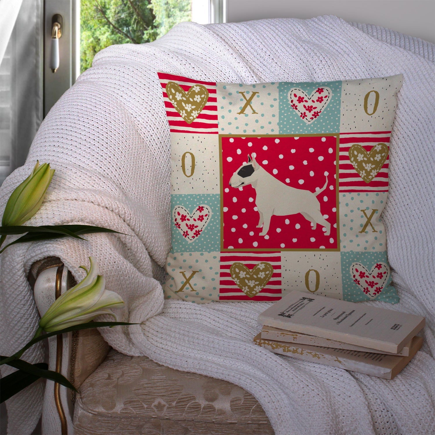 Black and White Bull Terrier Love Decorative Throw Pillow 14x14 Indoor Outdoor Accent Cushion, Fabric Cover with Insert for Sofa, Bed, Porch & Living Room