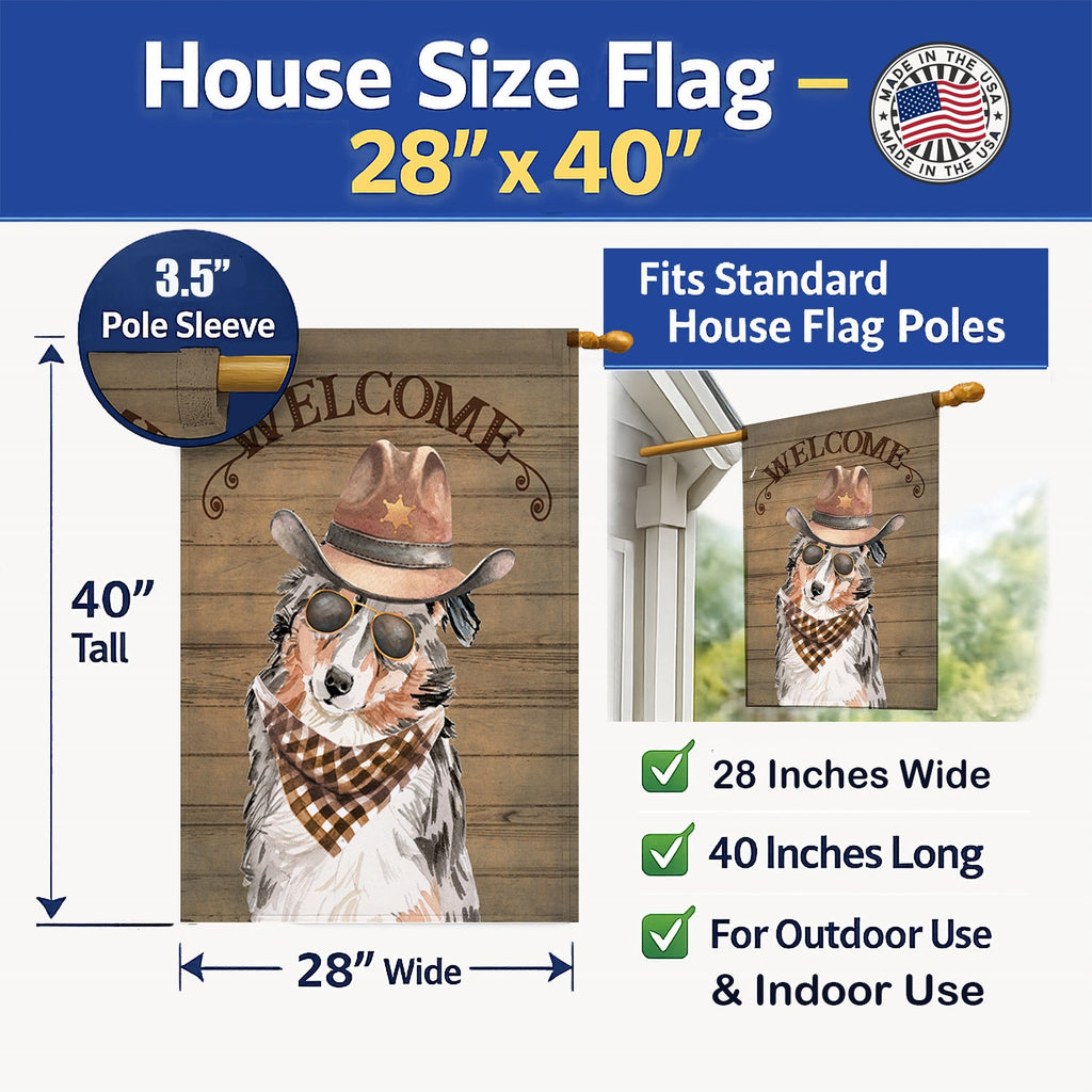 Australian Shepherd Country Dog House Flag 28x40 Porch Sleeve Pole Decorative Outside Yard Banner Artwork Wall Hanging, Polyester