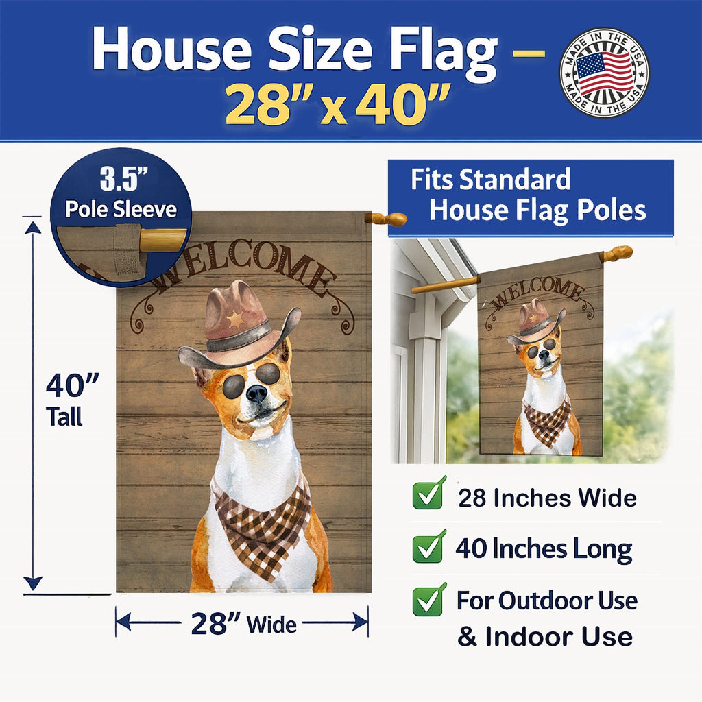 Basenji Country Dog House Flag 28x40 Porch Sleeve Pole Decorative Outside Yard Banner Artwork Wall Hanging, Polyester