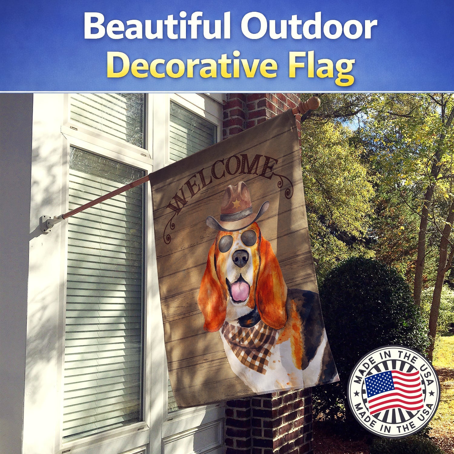 Basset Hound Country Dog House Flag 28x40 Porch Sleeve Pole Decorative Outside Yard Banner Artwork Wall Hanging, Polyester