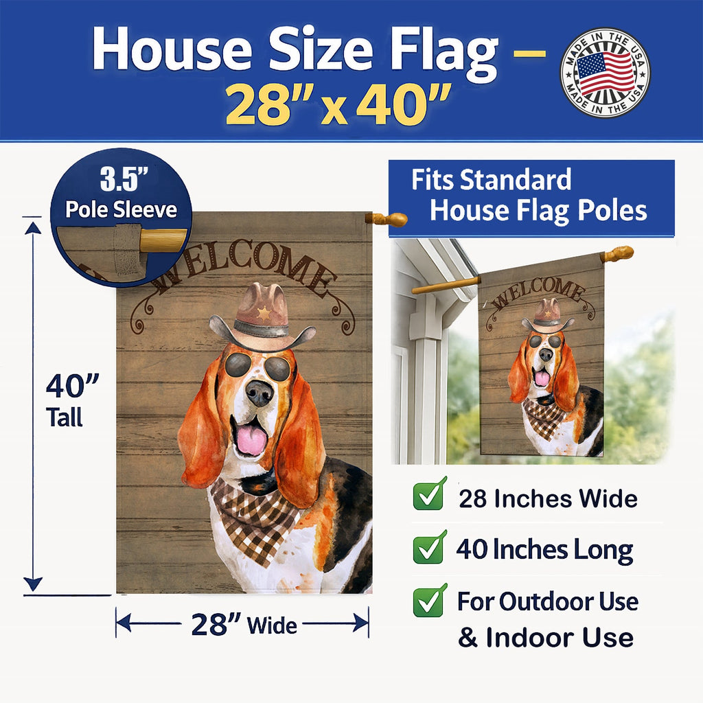 Basset Hound Country Dog House Flag 28x40 Porch Sleeve Pole Decorative Outside Yard Banner Artwork Wall Hanging, Polyester