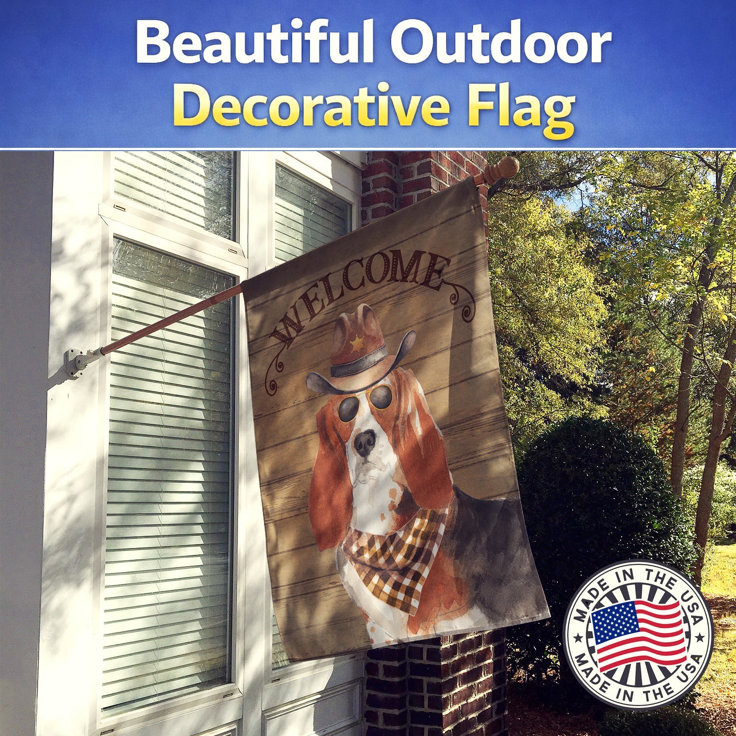Basset Hound #2 Country Dog House Flag 28x40 Porch Sleeve Pole Decorative Outside Yard Banner Artwork Wall Hanging, Polyester