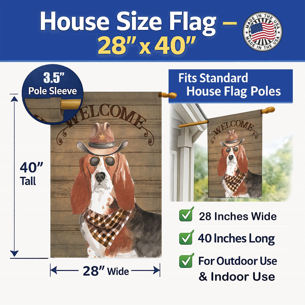 Basset Hound #2 Country Dog House Flag 28x40 Porch Sleeve Pole Decorative Outside Yard Banner Artwork Wall Hanging, Polyester