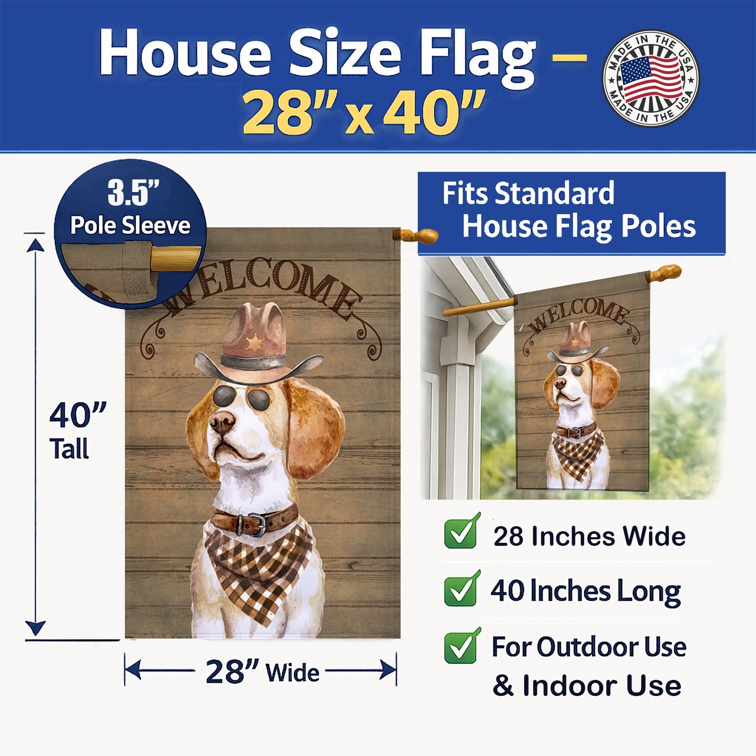 Beagle #2 Country Dog House Flag 28x40 Porch Sleeve Pole Decorative Outside Yard Banner Artwork Wall Hanging, Polyester