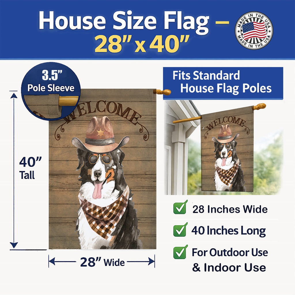Bernese Mountain Dog Country Dog House Flag 28x40 Porch Sleeve Pole Decorative Outside Yard Banner Artwork Wall Hanging, Polyester