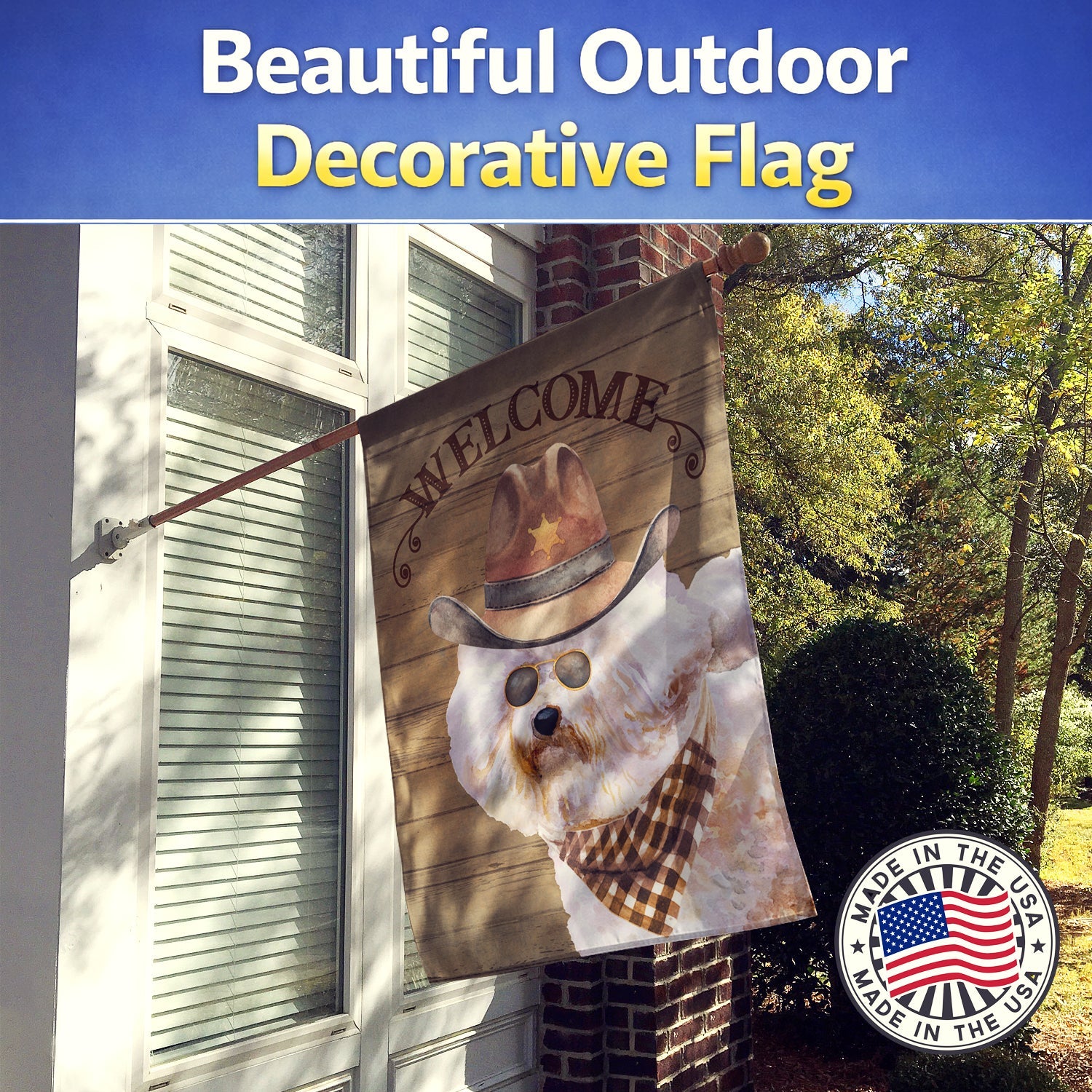 Bichon Frisé Country Dog House Flag 28x40 Porch Sleeve Pole Decorative Outside Yard Banner Artwork Wall Hanging, Polyester