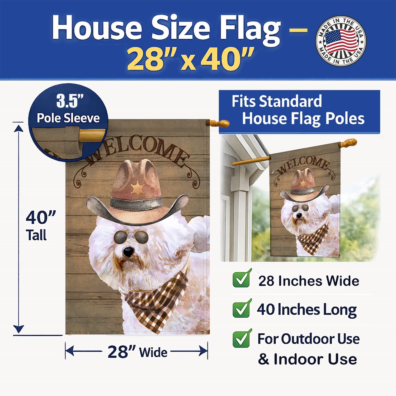 Bichon Frisé Country Dog House Flag 28x40 Porch Sleeve Pole Decorative Outside Yard Banner Artwork Wall Hanging, Polyester