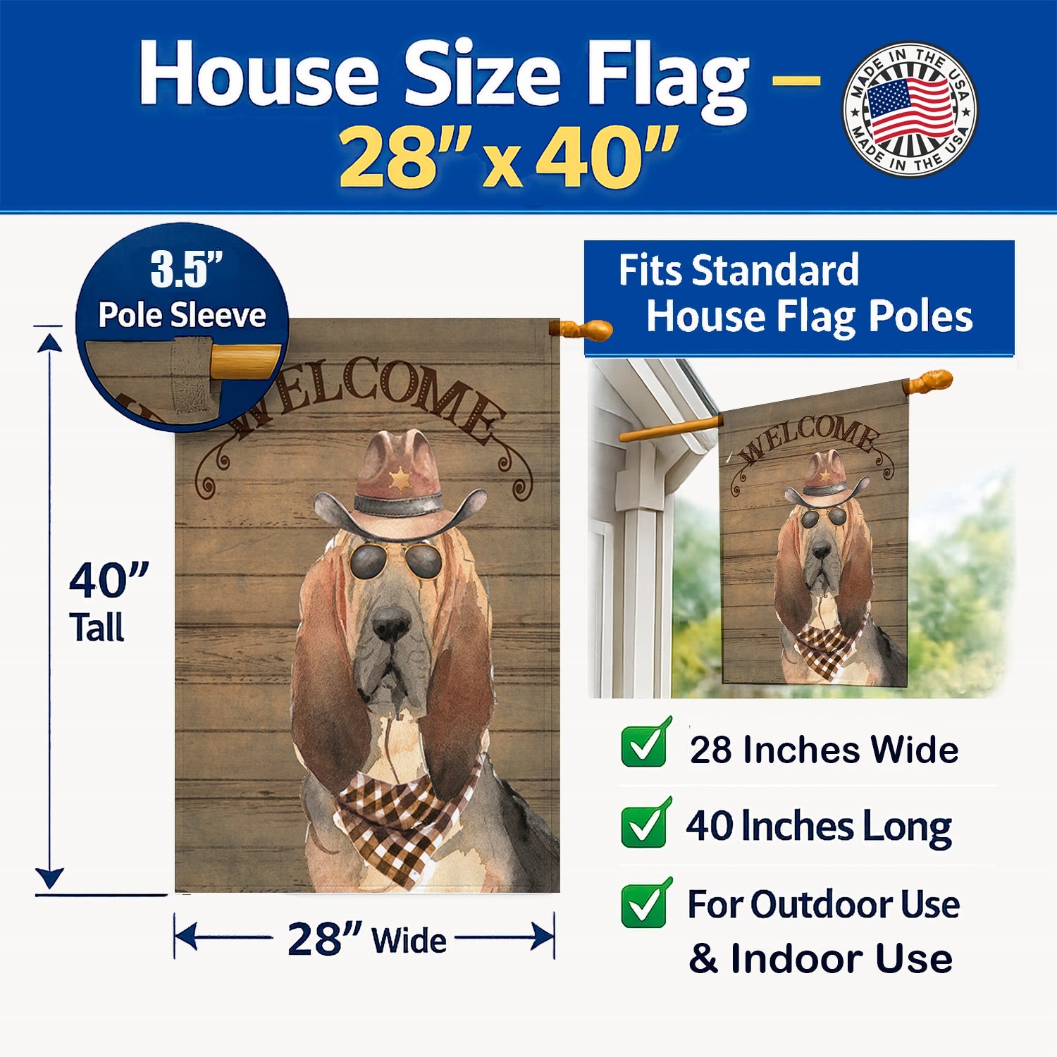 Bloodhound Country Dog House Flag 28x40 Porch Sleeve Pole Decorative Outside Yard Banner Artwork Wall Hanging, Polyester