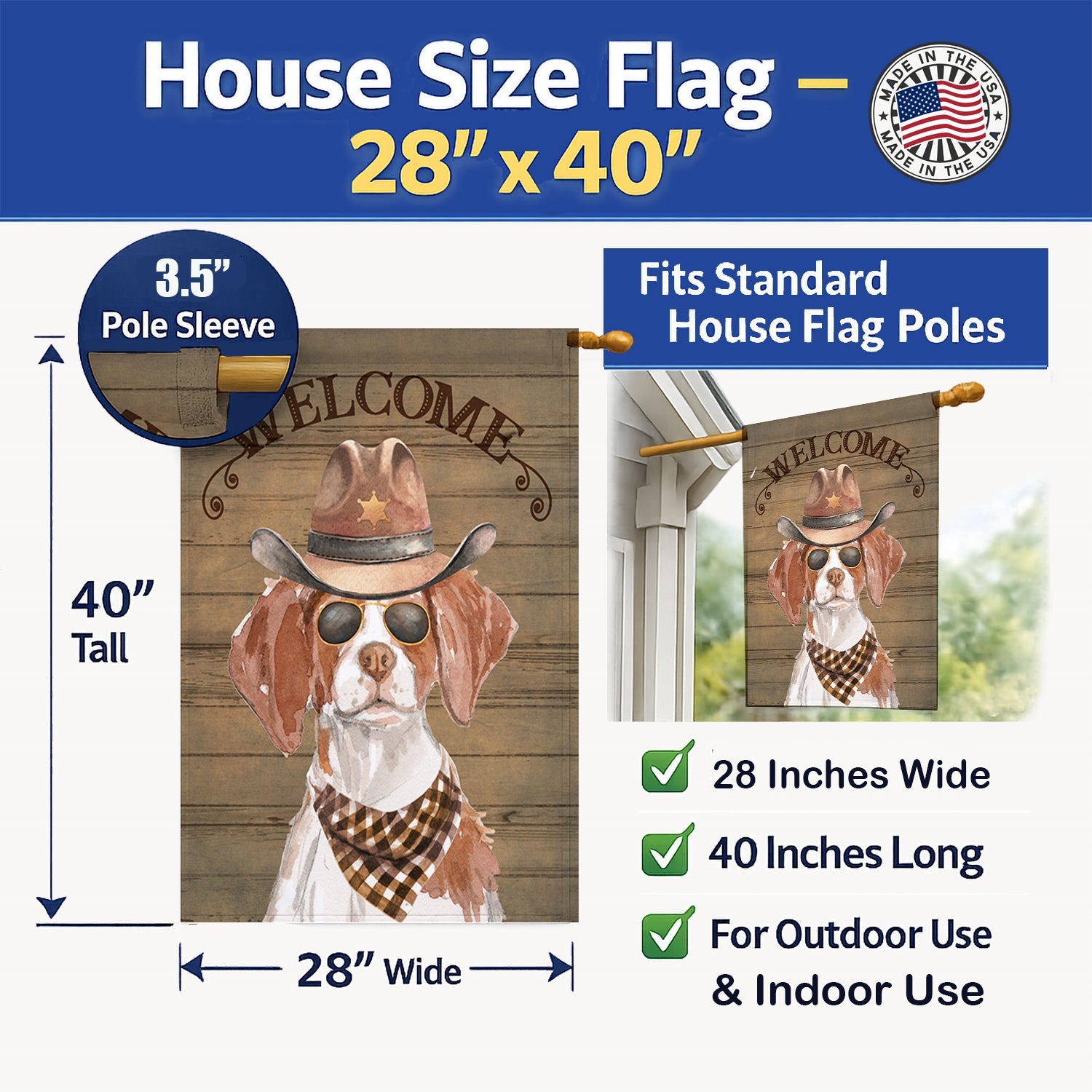 Brittany Country Dog House Flag 28x40 Porch Sleeve Pole Decorative Outside Yard Banner Artwork Wall Hanging, Polyester