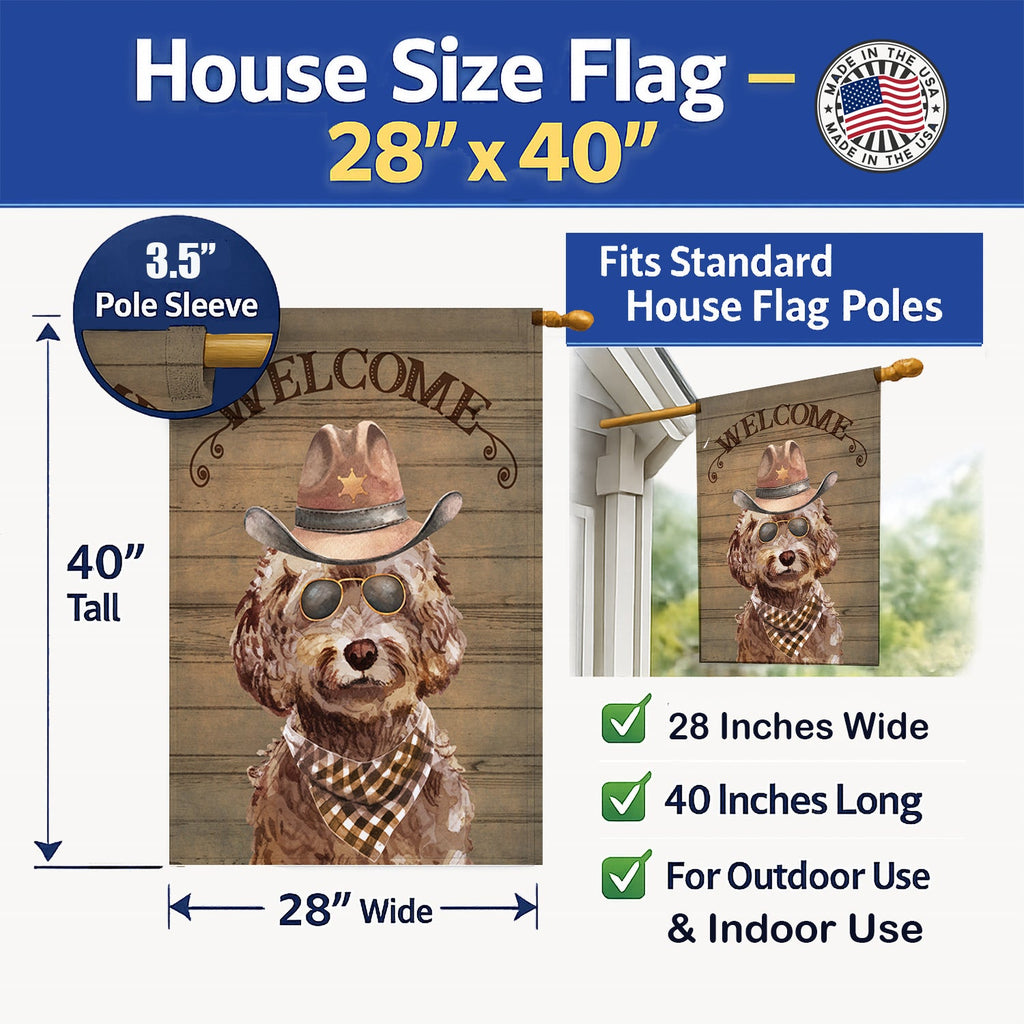 Brown Cockapoo Country Dog House Flag 28x40 Porch Sleeve Pole Decorative Outside Yard Banner Artwork Wall Hanging, Polyester