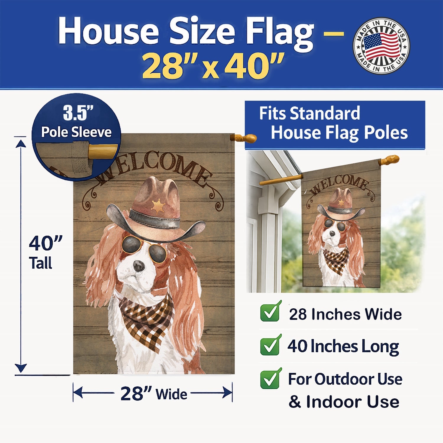 Cavalier King Charles Spaniel Country Dog House Flag 28x40 Porch Sleeve Pole Decorative Outside Yard Banner Artwork Wall Hanging, Polyester