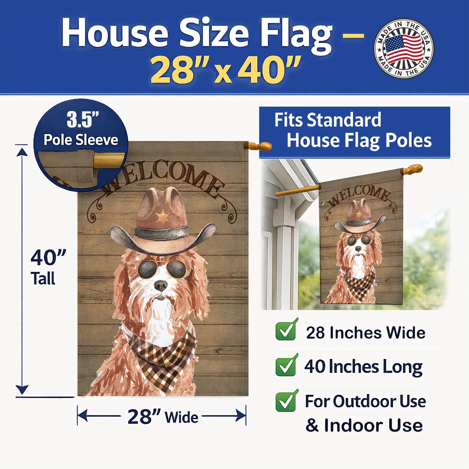 Cavapoo Country Dog House Flag 28x40 Porch Sleeve Pole Decorative Outside Yard Banner Artwork Wall Hanging, Polyester