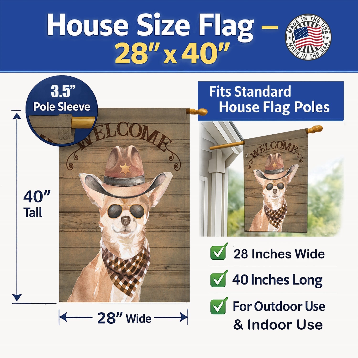 Chihuahua Country Dog House Flag 28x40 Porch Sleeve Pole Decorative Outside Yard Banner Artwork Wall Hanging, Polyester