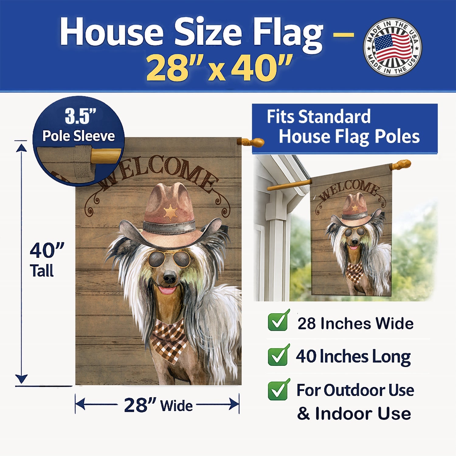 Chinese Crested Country Dog House Flag 28x40 Porch Sleeve Pole Decorative Outside Yard Banner Artwork Wall Hanging, Polyester