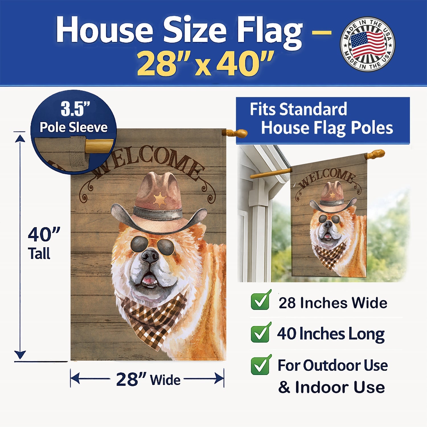 Chow Chow #2 Country Dog House Flag 28x40 Porch Sleeve Pole Decorative Outside Yard Banner Artwork Wall Hanging, Polyester