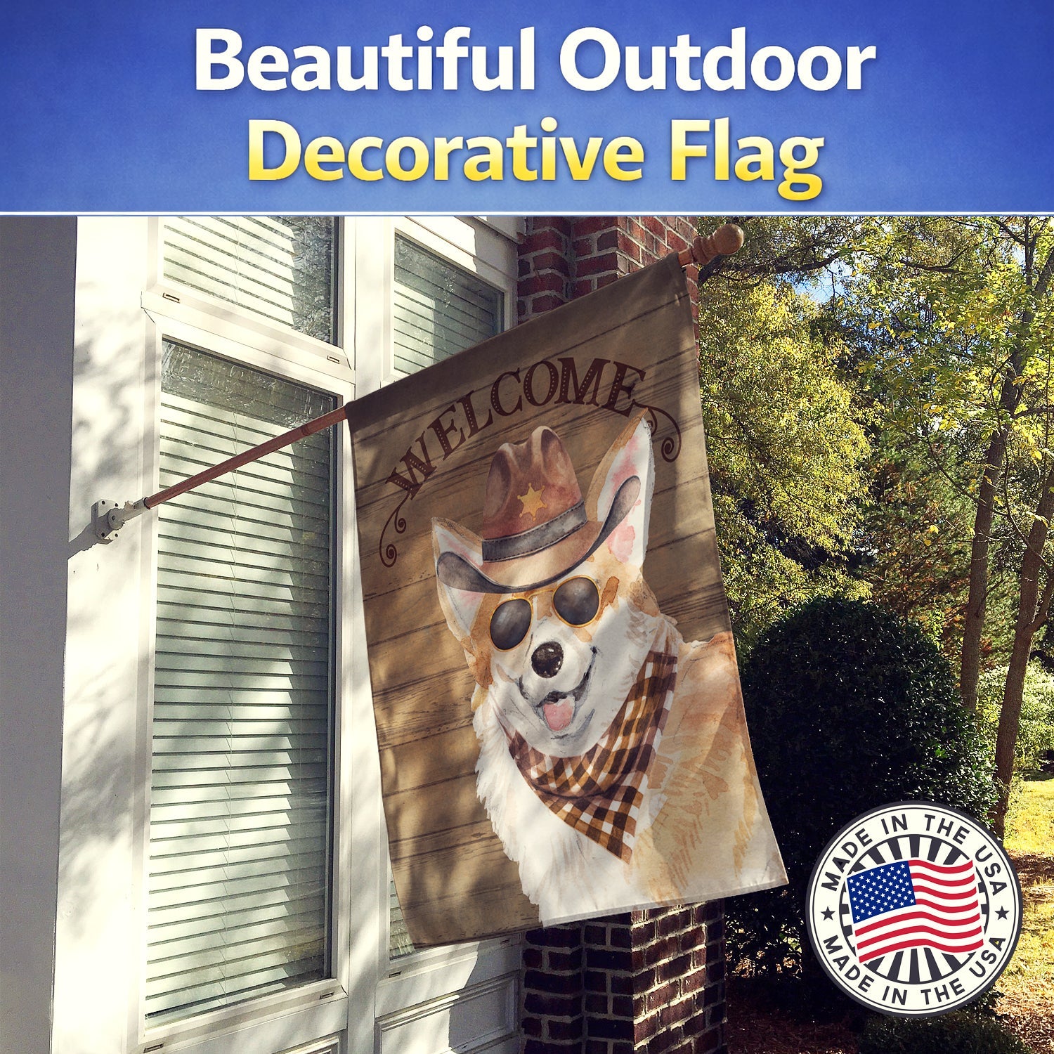 Corgi Country Dog House Flag 28x40 Porch Sleeve Pole Decorative Outside Yard Banner Artwork Wall Hanging, Polyester