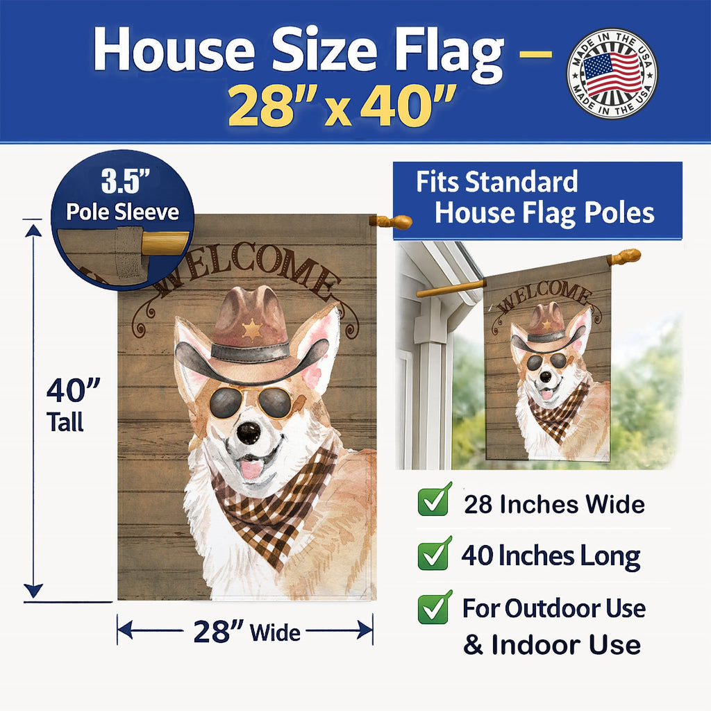 Corgi Country Dog House Flag 28x40 Porch Sleeve Pole Decorative Outside Yard Banner Artwork Wall Hanging, Polyester