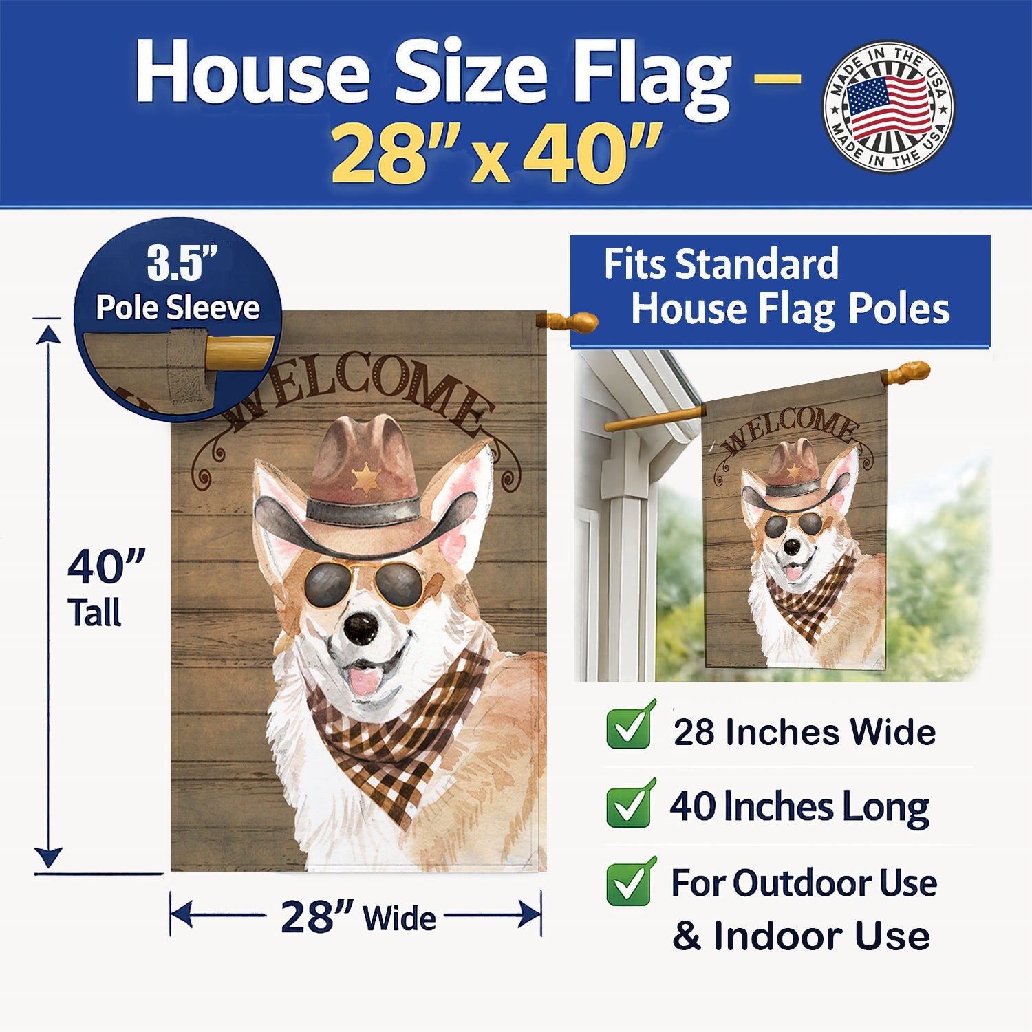 Corgi Country Dog House Flag 28x40 Porch Sleeve Pole Decorative Outside Yard Banner Artwork Wall Hanging, Polyester