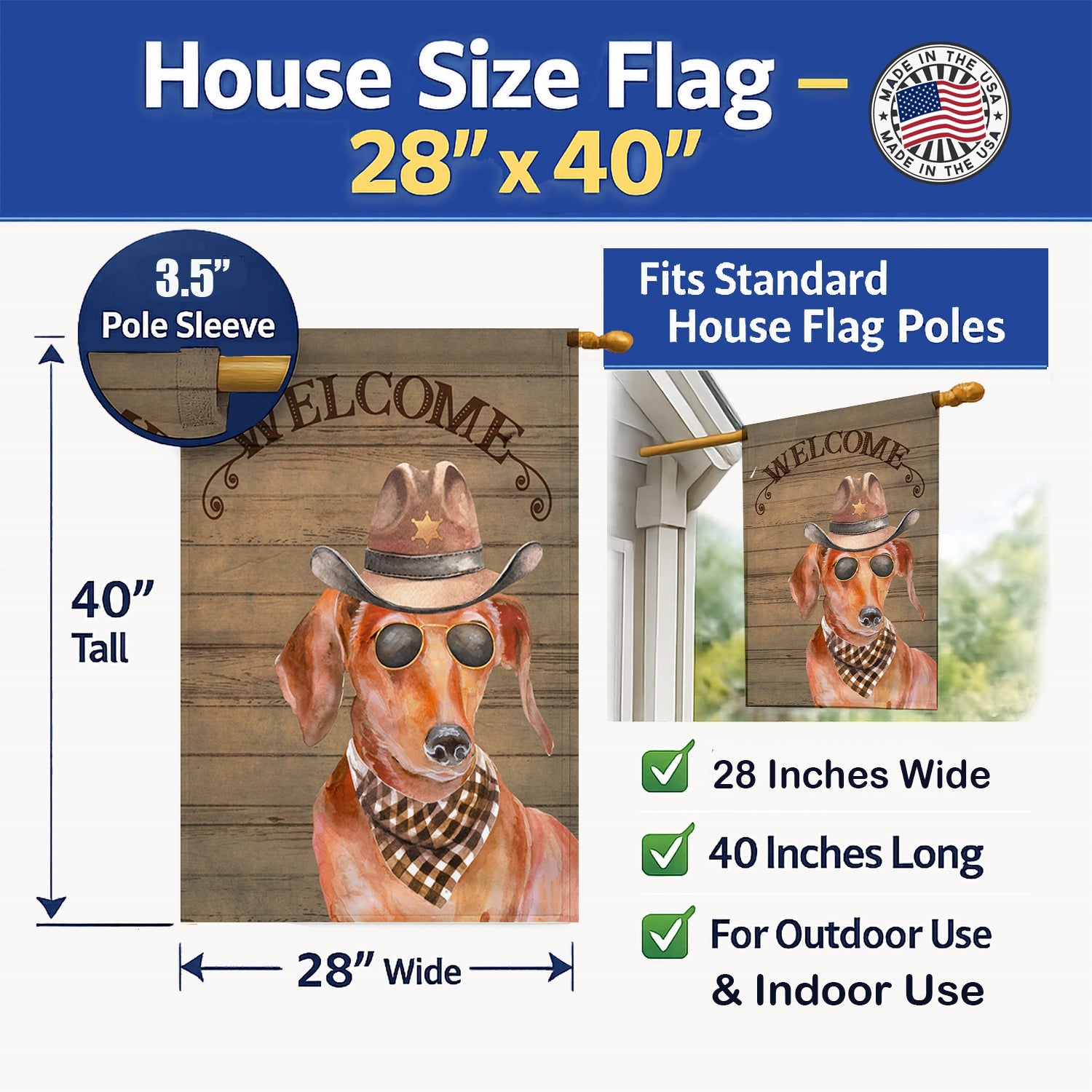 Dachshund Country Dog House Flag 28x40 Porch Sleeve Pole Decorative Outside Yard Banner Artwork Wall Hanging, Polyester