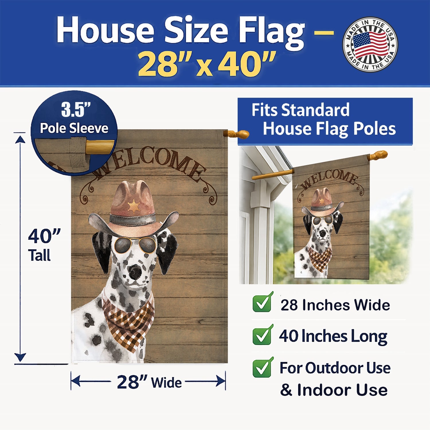 Dalmatian Country Dog House Flag 28x40 Porch Sleeve Pole Decorative Outside Yard Banner Artwork Wall Hanging, Polyester