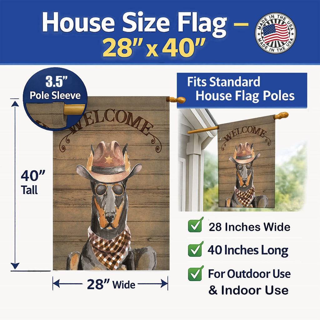 Doberman Pinscher Country Dog House Flag 28x40 Porch Sleeve Pole Decorative Outside Yard Banner Artwork Wall Hanging, Polyester