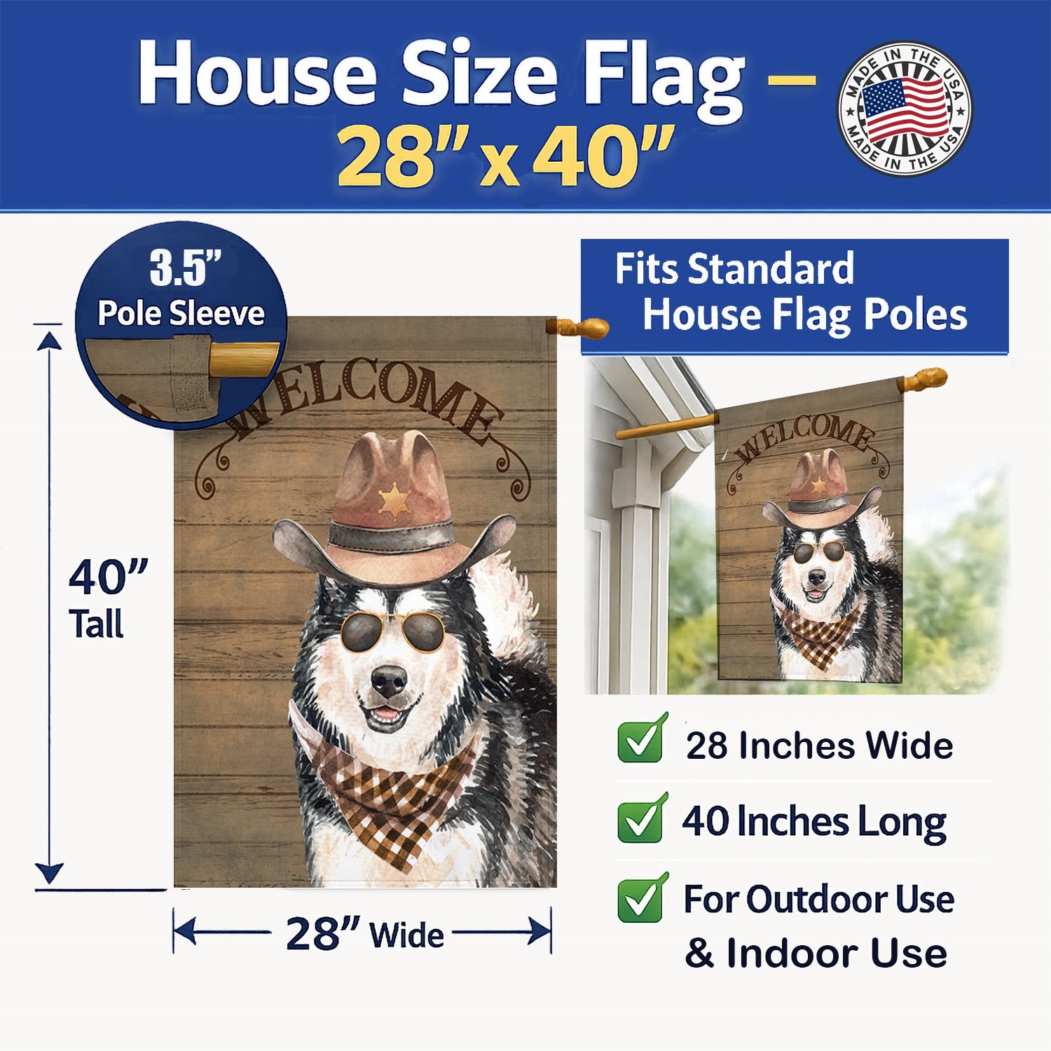Alaskan Malamute Country Dog House Flag 28x40 Porch Sleeve Pole Decorative Outside Yard Banner Artwork Wall Hanging, Polyester