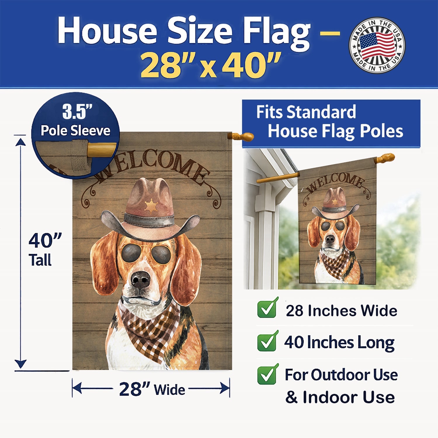 Beagle #3 Country Dog House Flag 28x40 Porch Sleeve Pole Decorative Outside Yard Banner Artwork Wall Hanging, Polyester