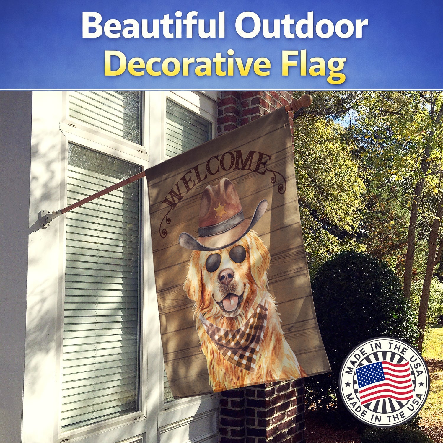 Golden Retriever Country Dog House Flag 28x40 Porch Sleeve Pole Decorative Outside Yard Banner Artwork Wall Hanging, Polyester