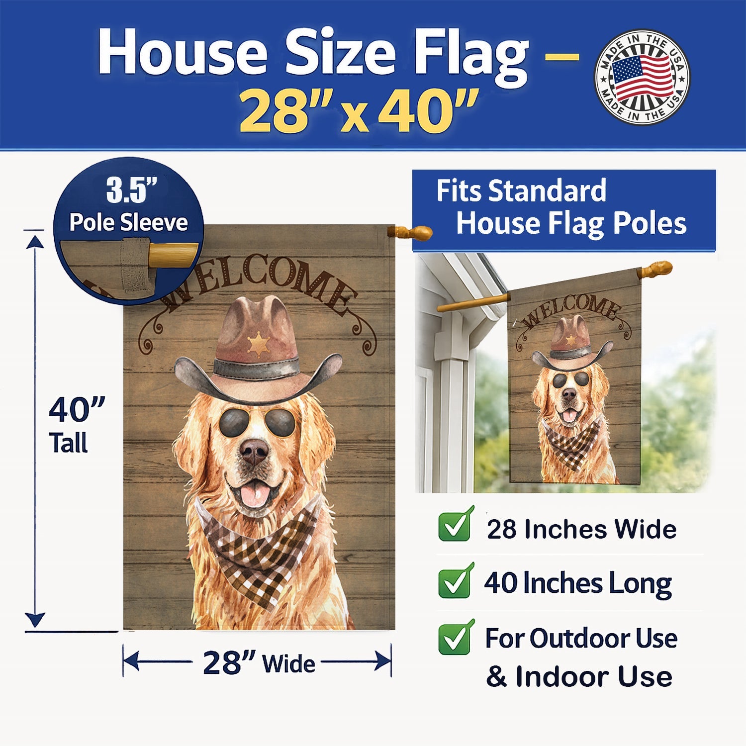Golden Retriever Country Dog House Flag 28x40 Porch Sleeve Pole Decorative Outside Yard Banner Artwork Wall Hanging, Polyester