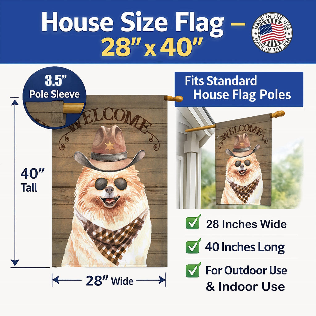 Pomeranian Country Dog House Flag 28x40 Porch Sleeve Pole Decorative Outside Yard Banner Artwork Wall Hanging, Polyester