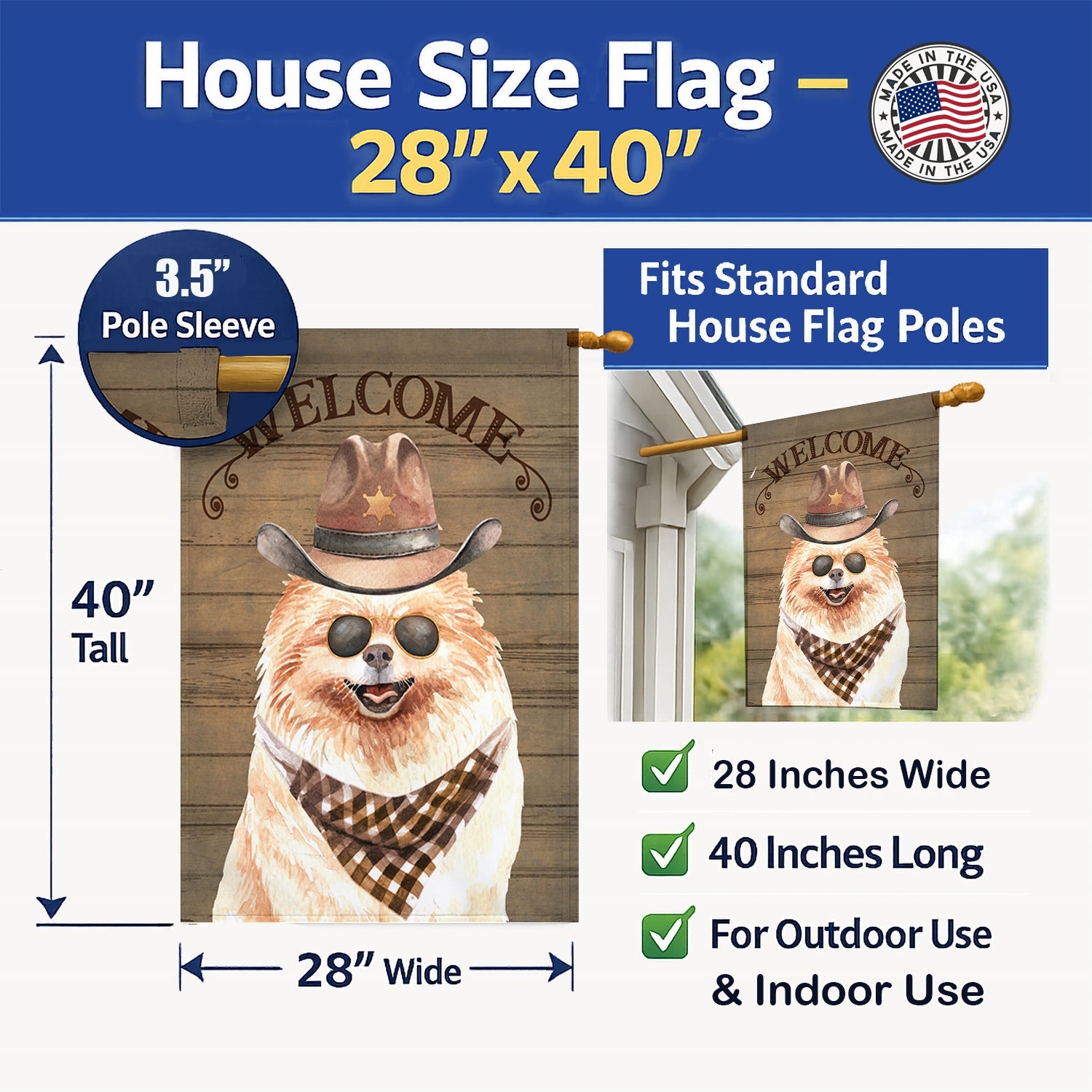 Pomeranian Country Dog House Flag 28x40 Porch Sleeve Pole Decorative Outside Yard Banner Artwork Wall Hanging, Polyester