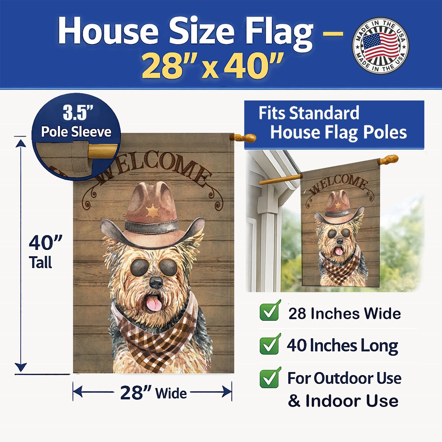 Yorkshire Terrier Country Dog House Flag 28x40 Porch Sleeve Pole Decorative Outside Yard Banner Artwork Wall Hanging, Polyester