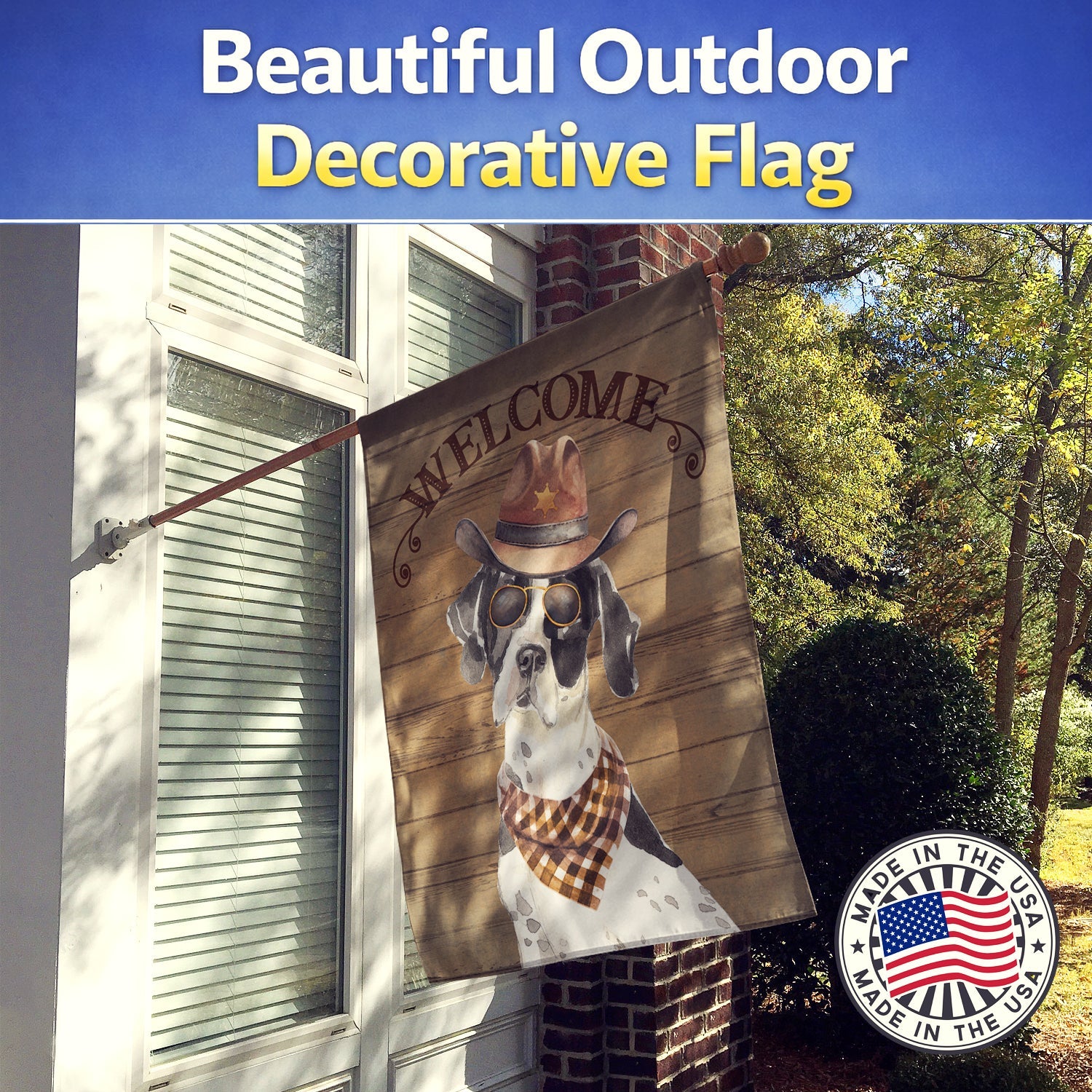 English Pointer Country Dog House Flag 28x40 Porch Sleeve Pole Decorative Outside Yard Banner Artwork Wall Hanging, Polyester