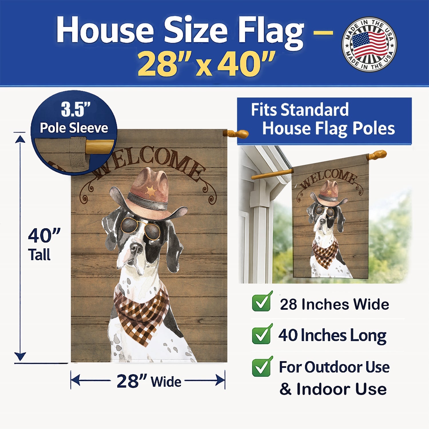 English Pointer Country Dog House Flag 28x40 Porch Sleeve Pole Decorative Outside Yard Banner Artwork Wall Hanging, Polyester