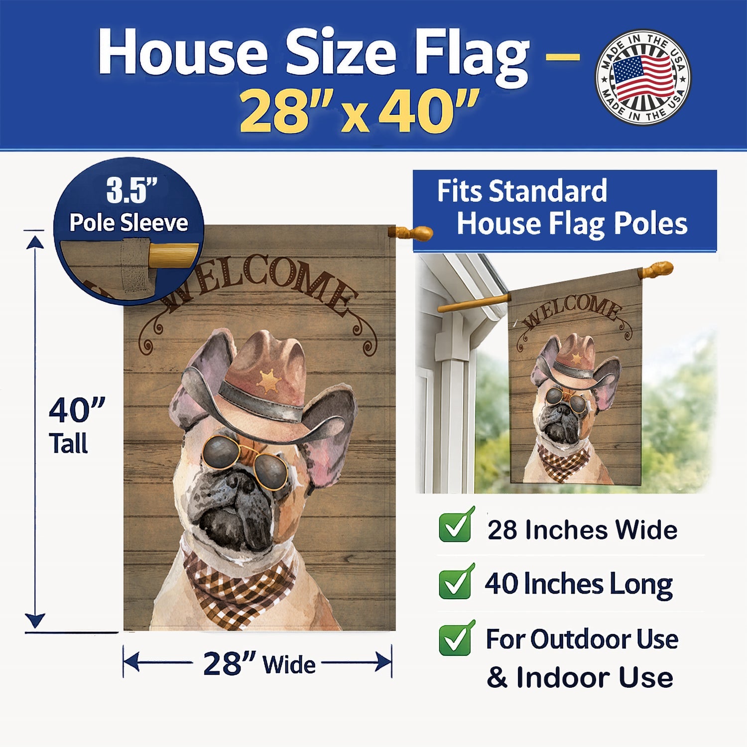 Fawn French Bulldog Country Dog House Flag 28x40 Porch Sleeve Pole Decorative Outside Yard Banner Artwork Wall Hanging, Polyester