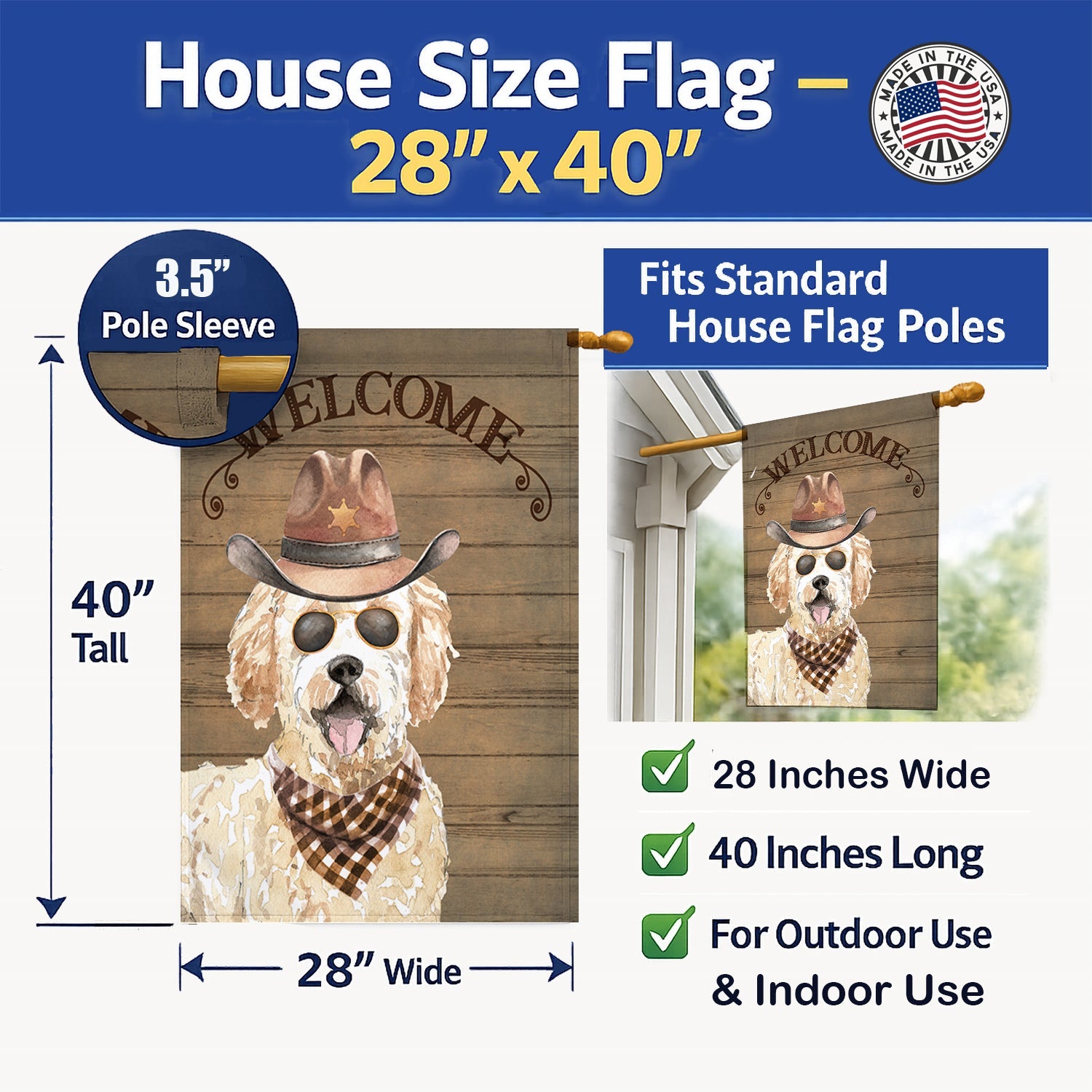 Goldendoodle Country Dog House Flag 28x40 Porch Sleeve Pole Decorative Outside Yard Banner Artwork Wall Hanging, Polyester