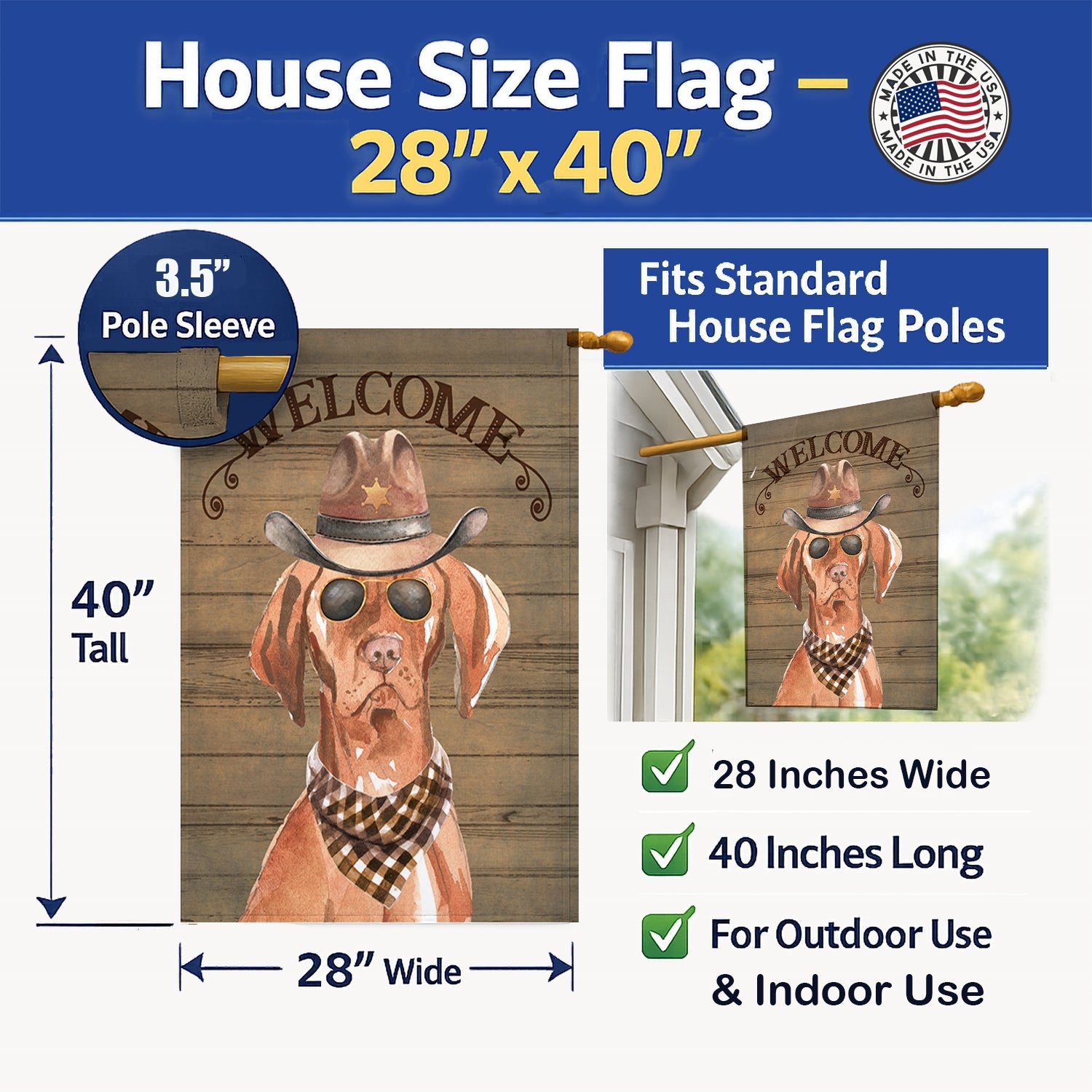 Vizsla Country Dog House Flag 28x40 Porch Sleeve Pole Decorative Outside Yard Banner Artwork Wall Hanging, Polyester