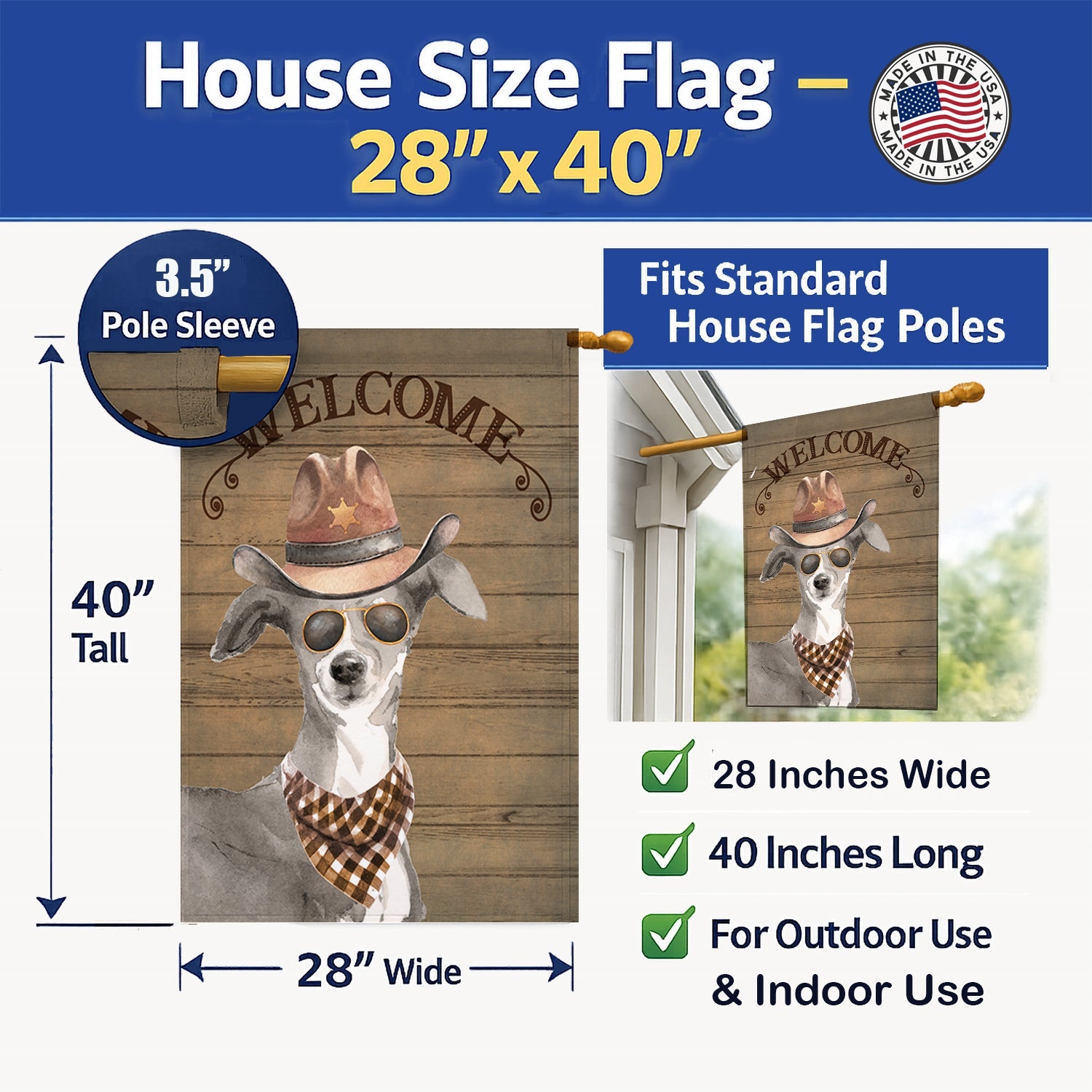 Italian Greyhound Country Dog House Flag 28x40 Porch Sleeve Pole Decorative Outside Yard Banner Artwork Wall Hanging, Polyester