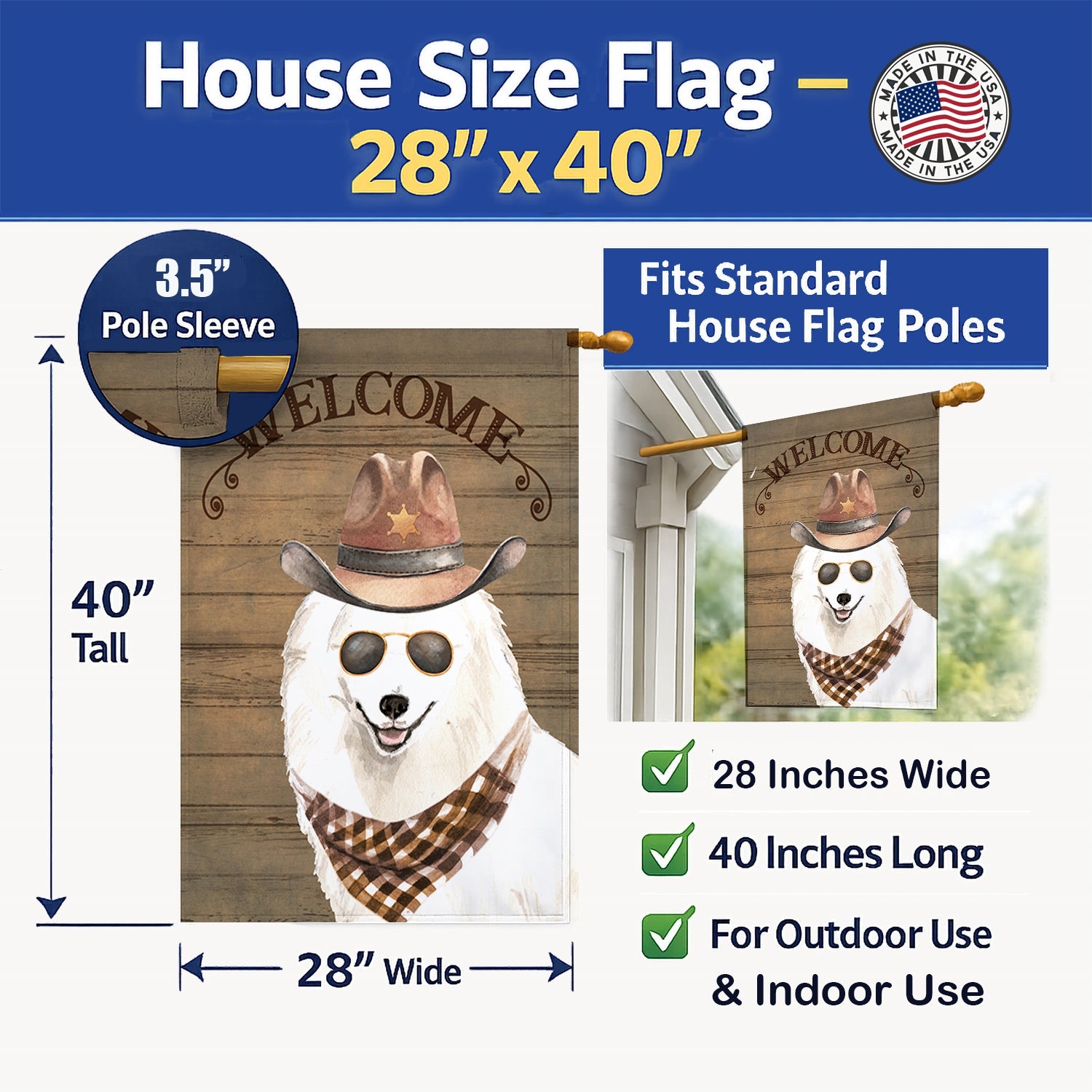 Japanese Spitz Country Dog House Flag 28x40 Porch Sleeve Pole Decorative Outside Yard Banner Artwork Wall Hanging, Polyester