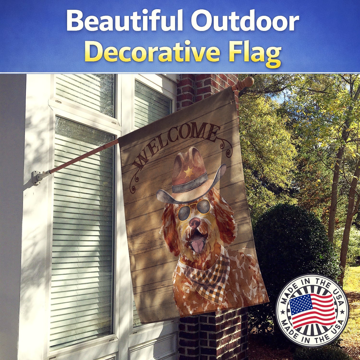 Labradoodle Country Dog House Flag 28x40 Porch Sleeve Pole Decorative Outside Yard Banner Artwork Wall Hanging, Polyester