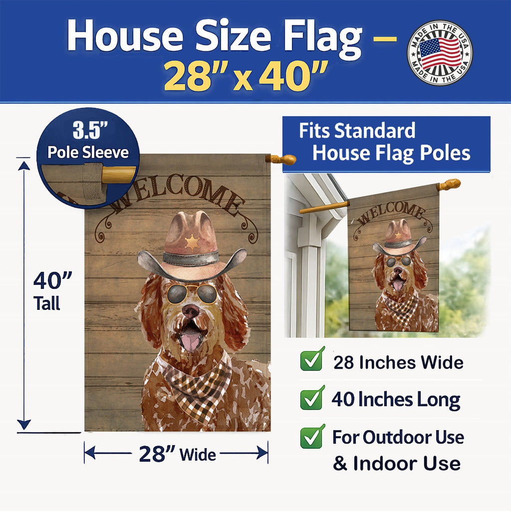 Labradoodle Country Dog House Flag 28x40 Porch Sleeve Pole Decorative Outside Yard Banner Artwork Wall Hanging, Polyester