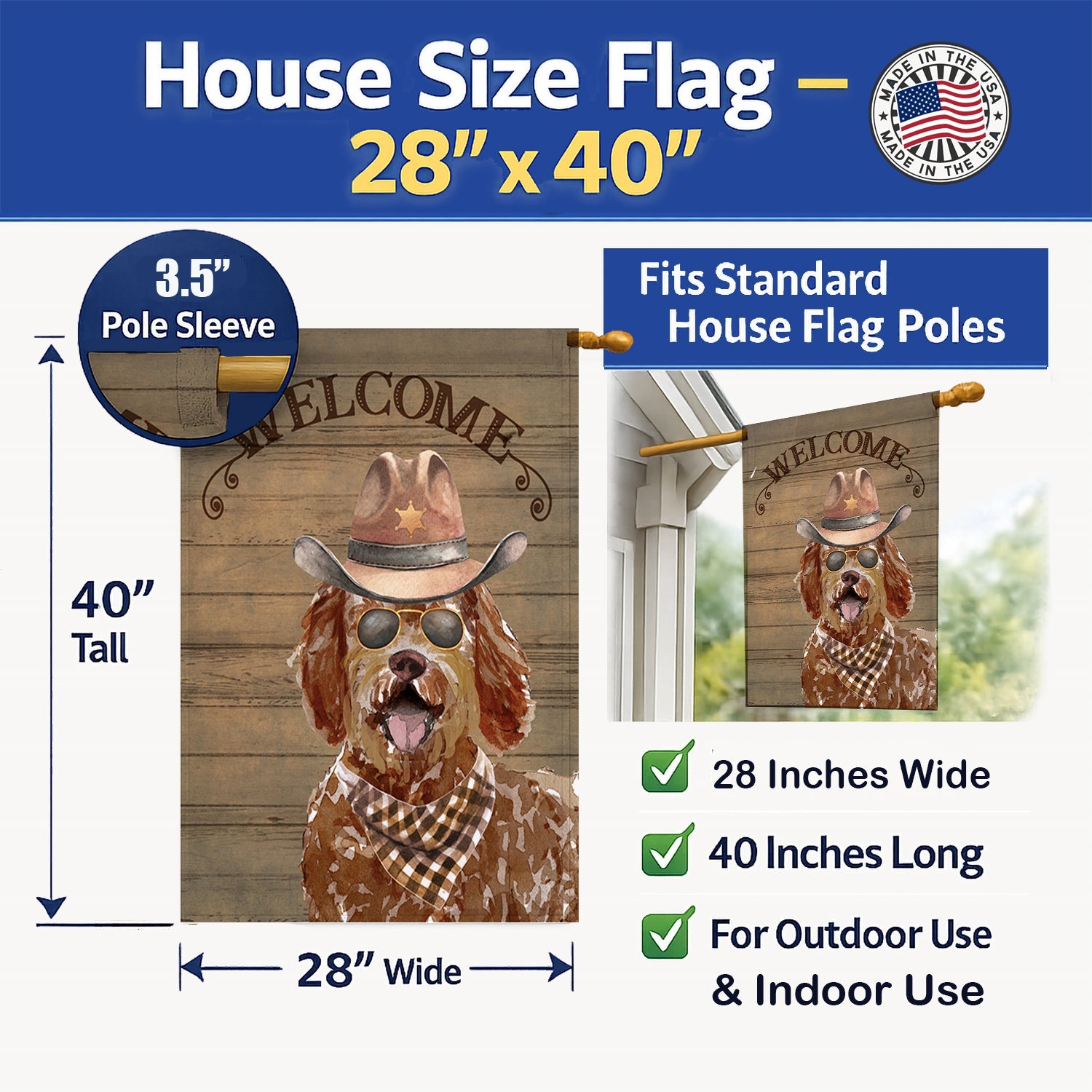 Labradoodle Country Dog House Flag 28x40 Porch Sleeve Pole Decorative Outside Yard Banner Artwork Wall Hanging, Polyester