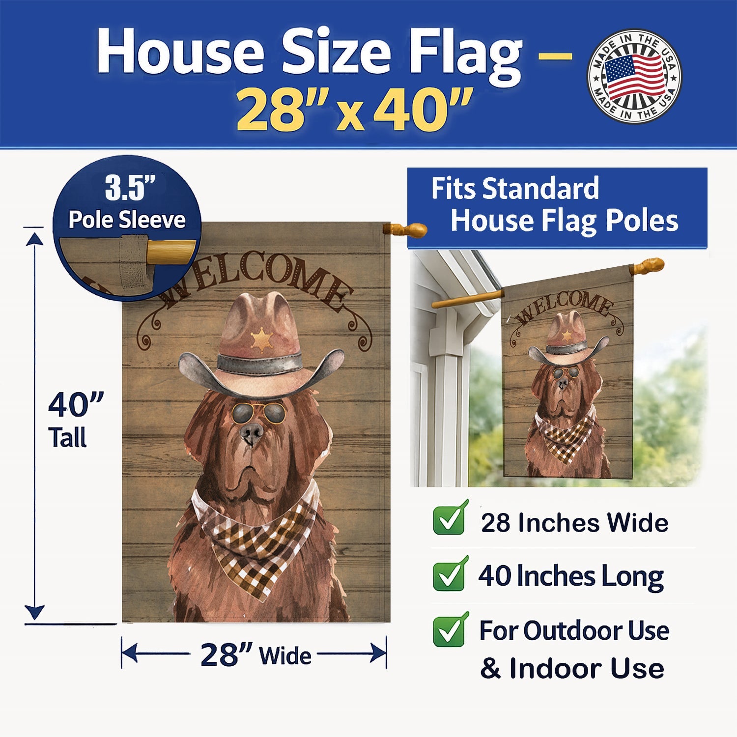 Newfoundland Country Dog House Flag 28x40 Porch Sleeve Pole Decorative Outside Yard Banner Artwork Wall Hanging, Polyester
