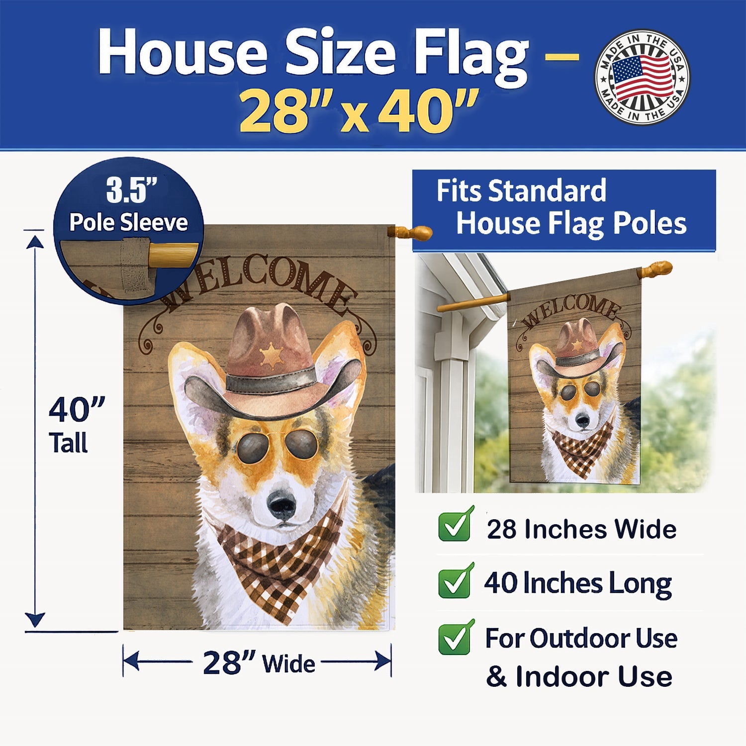 Pembroke Welsh Corgi Country Dog House Flag 28x40 Porch Sleeve Pole Decorative Outside Yard Banner Artwork Wall Hanging, Polyester