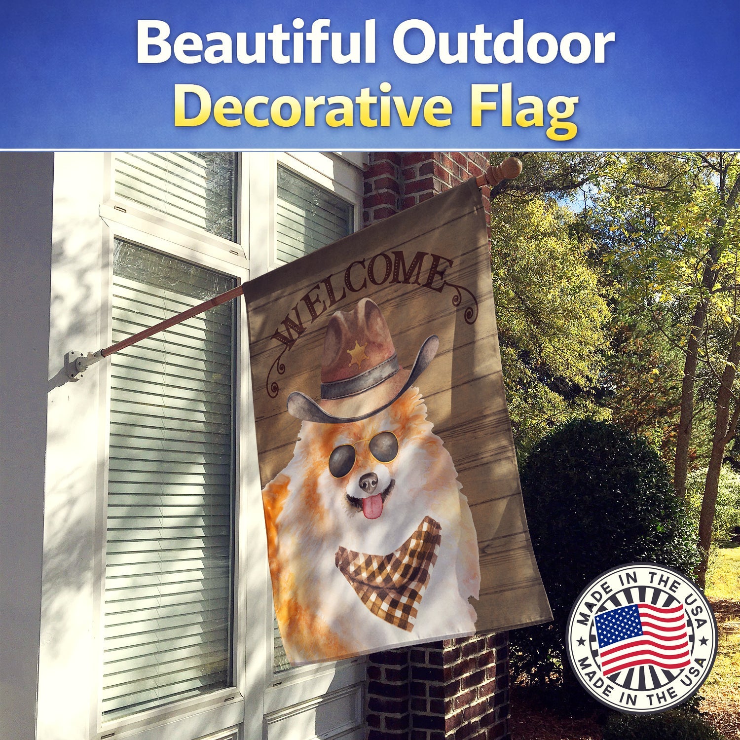 Pomeranian Spitz Country Dog House Flag 28x40 Porch Sleeve Pole Decorative Outside Yard Banner Artwork Wall Hanging, Polyester