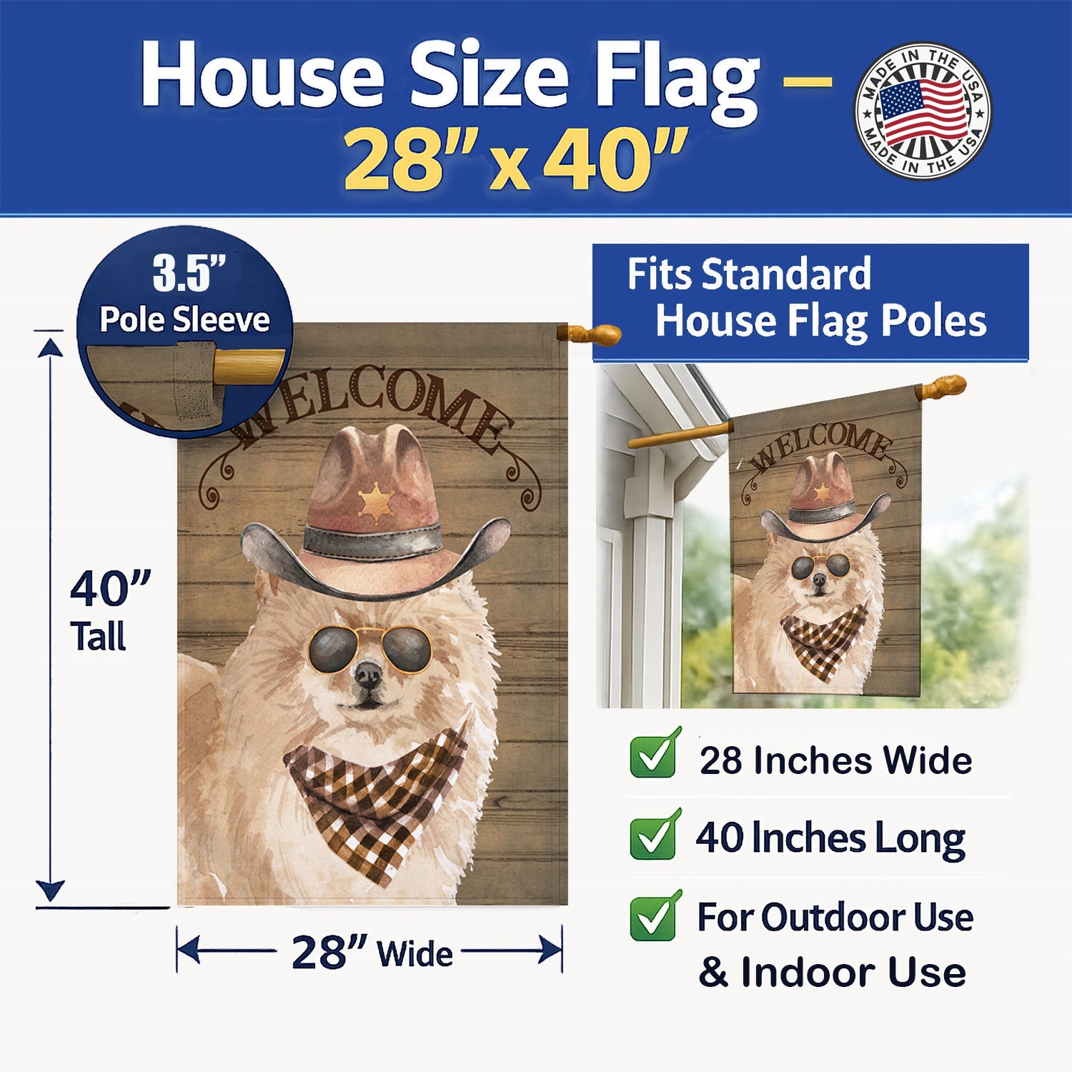 Pomeranian #2 Country Dog House Flag 28x40 Porch Sleeve Pole Decorative Outside Yard Banner Artwork Wall Hanging, Polyester