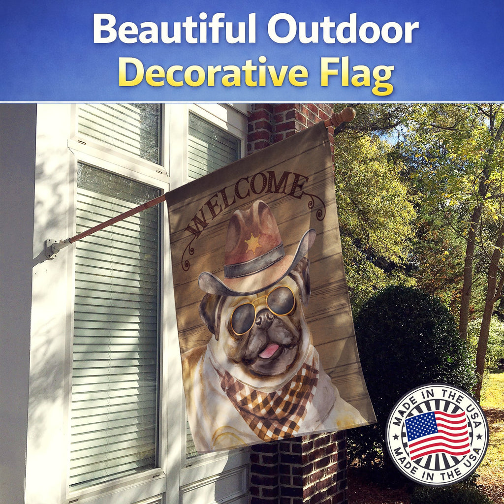 Pug Country Dog House Flag 28x40 Porch Sleeve Pole Decorative Outside Yard Banner Artwork Wall Hanging, Polyester