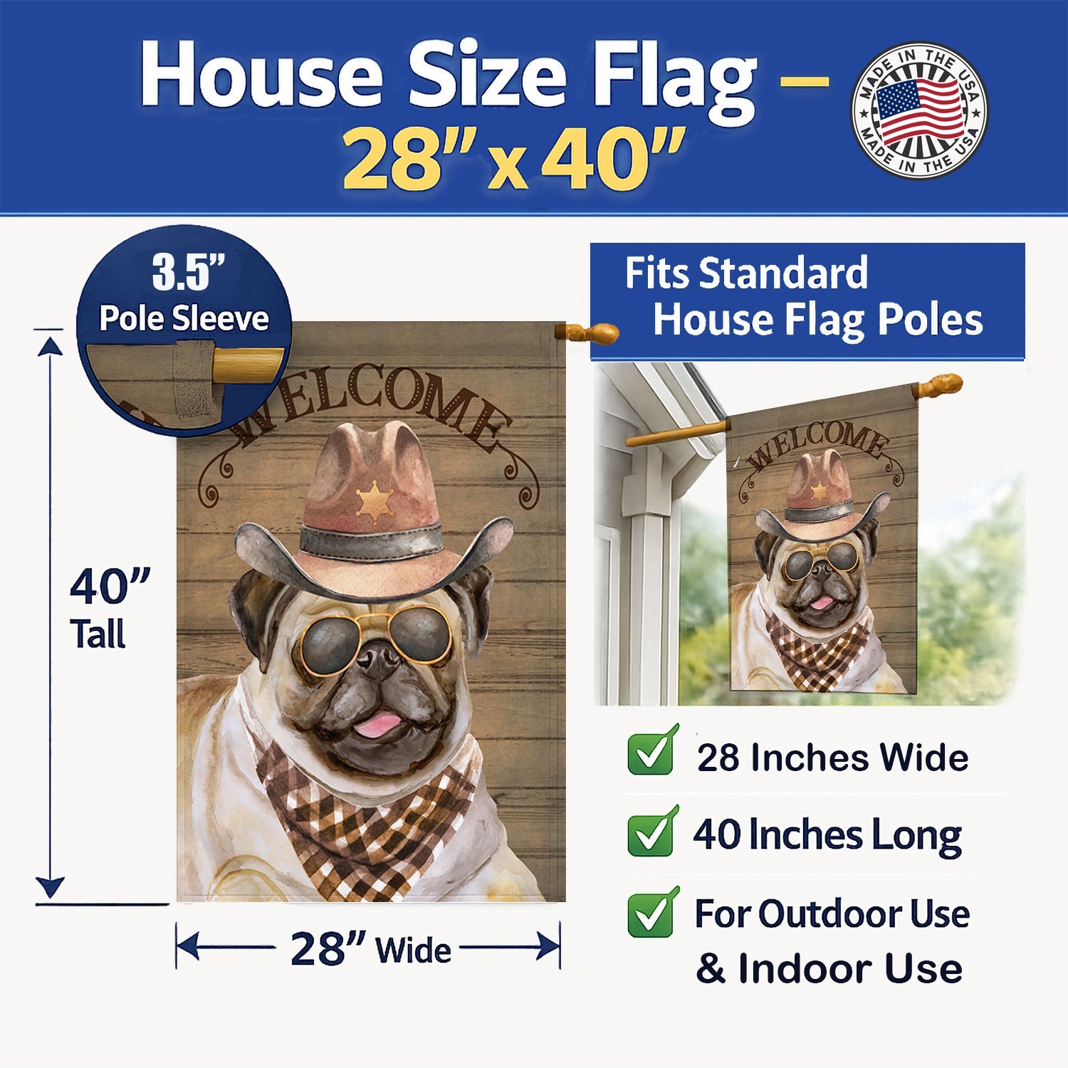 Pug Country Dog House Flag 28x40 Porch Sleeve Pole Decorative Outside Yard Banner Artwork Wall Hanging, Polyester