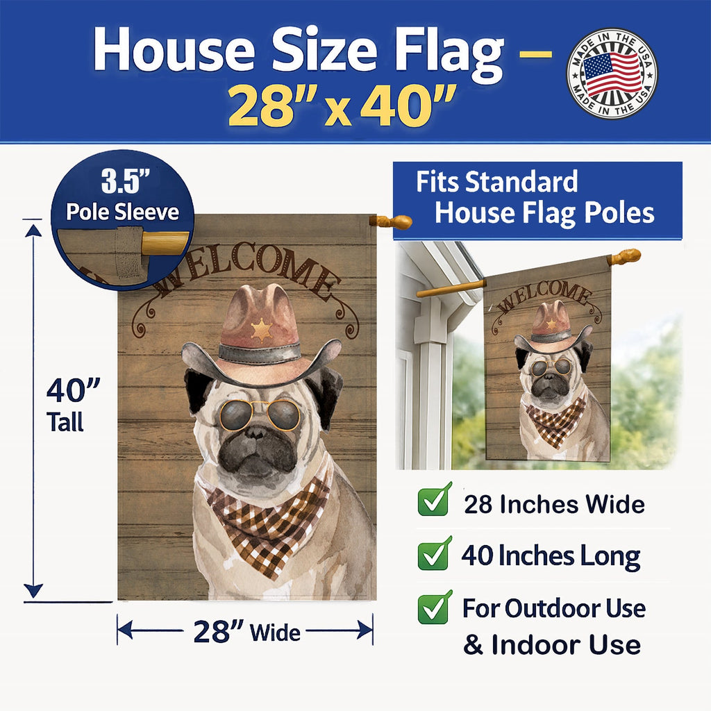 Pug #2 Country Dog House Flag 28x40 Porch Sleeve Pole Decorative Outside Yard Banner Artwork Wall Hanging, Polyester