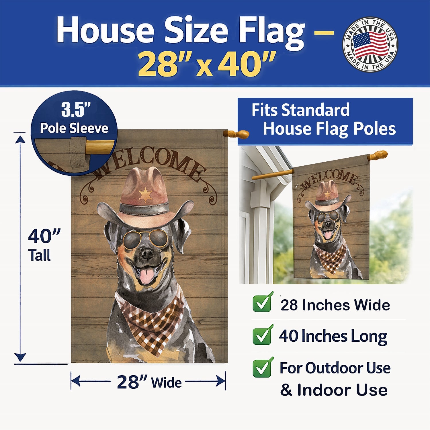 Rottweiler Country Dog House Flag 28x40 Porch Sleeve Pole Decorative Outside Yard Banner Artwork Wall Hanging, Polyester